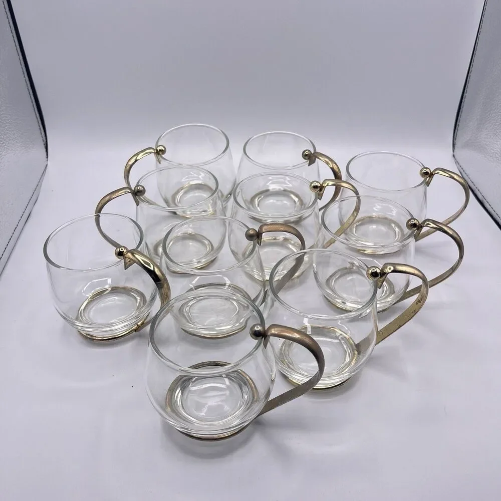 11 Vintage Brass Handled Glass Mugs Mid Century Modern Bar Ware